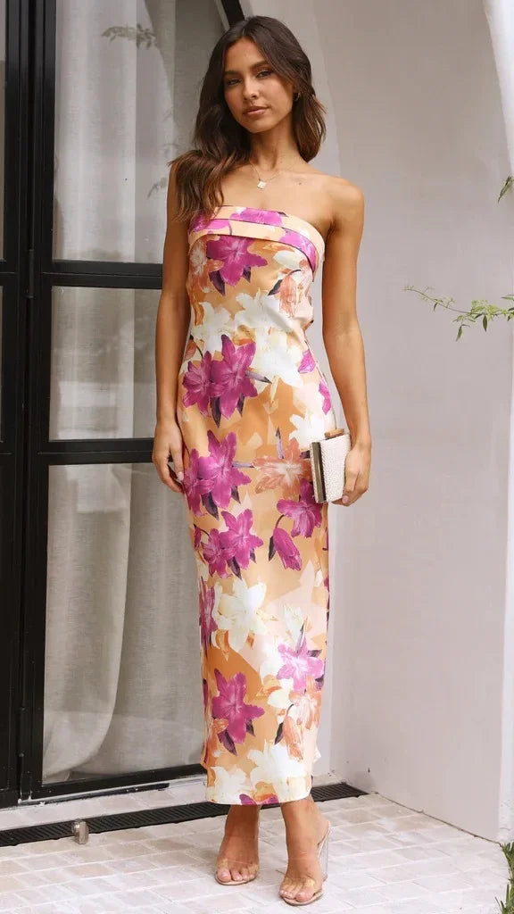 Cocktail Dresses- Floral Strapless Midi Dress for Weddings and Beach Parties- - Chuzko Women Clothing