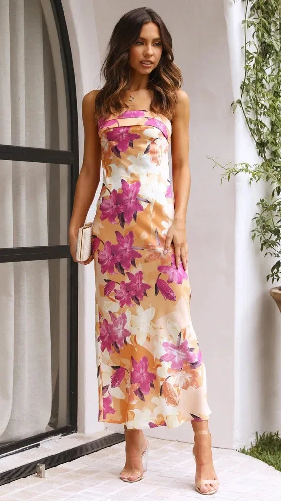 Cocktail Dresses- Floral Strapless Midi Dress for Weddings and Beach Parties- - Chuzko Women Clothing