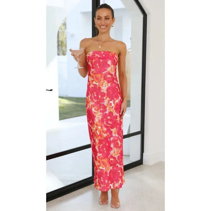 Cocktail Dresses- Floral Strapless Midi Dress for Weddings and Beach Parties- S L XL M- Chuzko Women Clothing