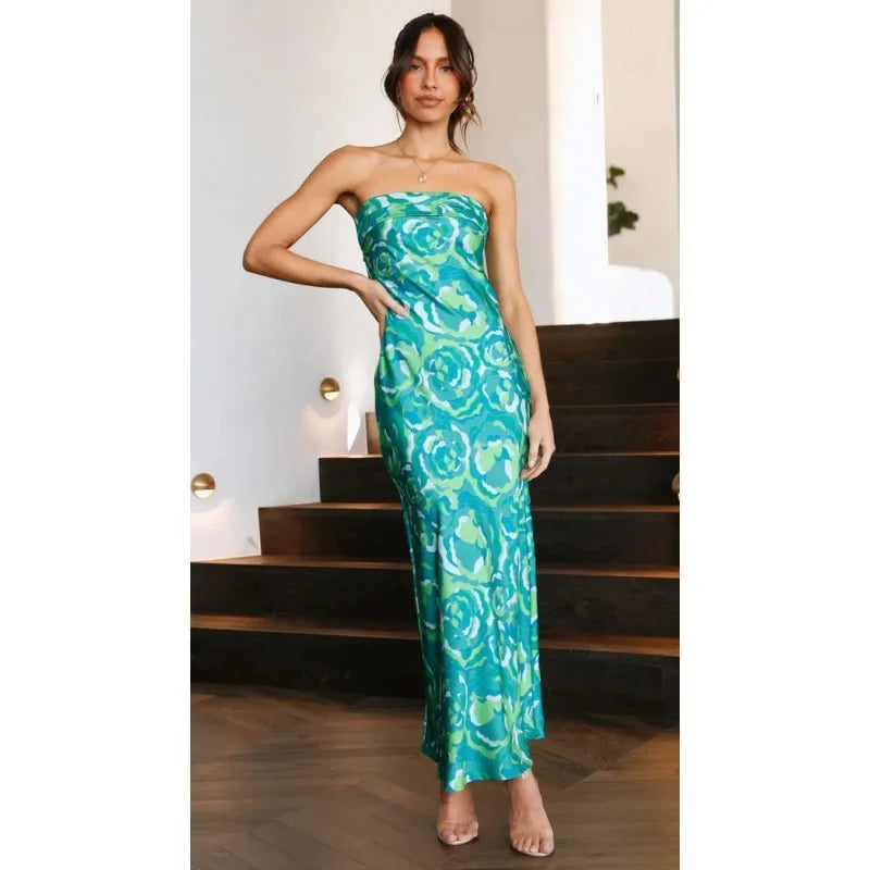 Cocktail Dresses- Floral Strapless Midi Dress for Weddings and Beach Parties- L S M XL- Chuzko Women Clothing