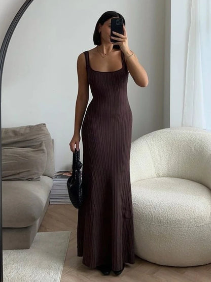 Cocktail Dresses- Full-Length Ribbed Dress for Special Occasions- Coffee- Chuzko Women Clothing
