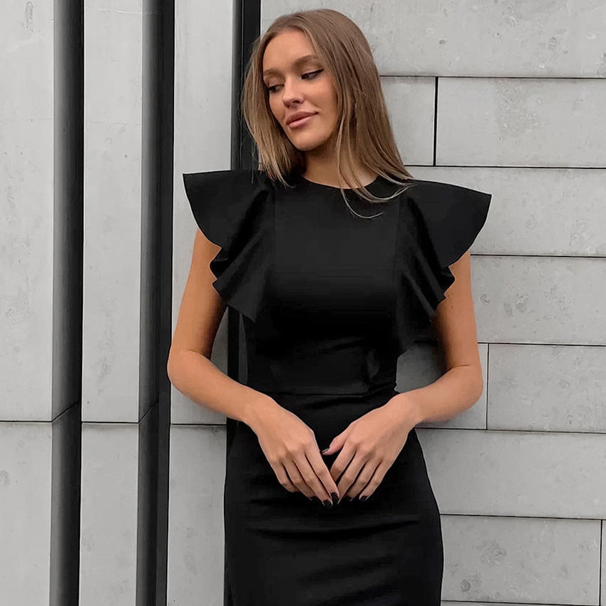Cocktail Dresses- Little Black Cocktail Dress with Ruffle Panel- - Chuzko Women Clothing
