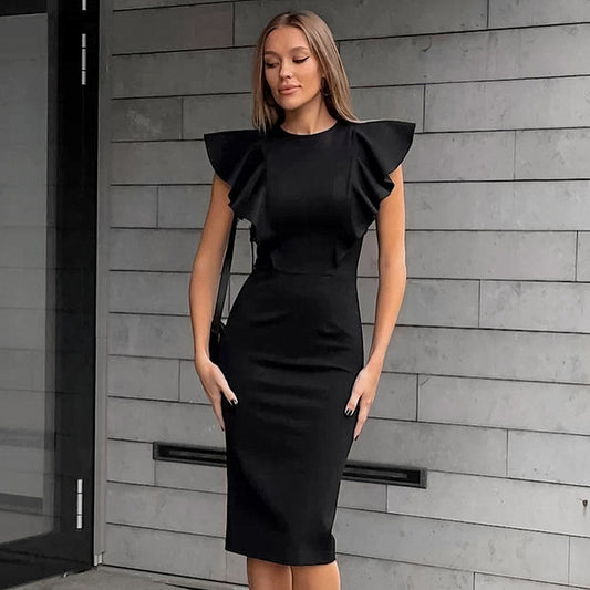 Cocktail Dresses- Little Black Cocktail Dress with Ruffle Panel- - Chuzko Women Clothing