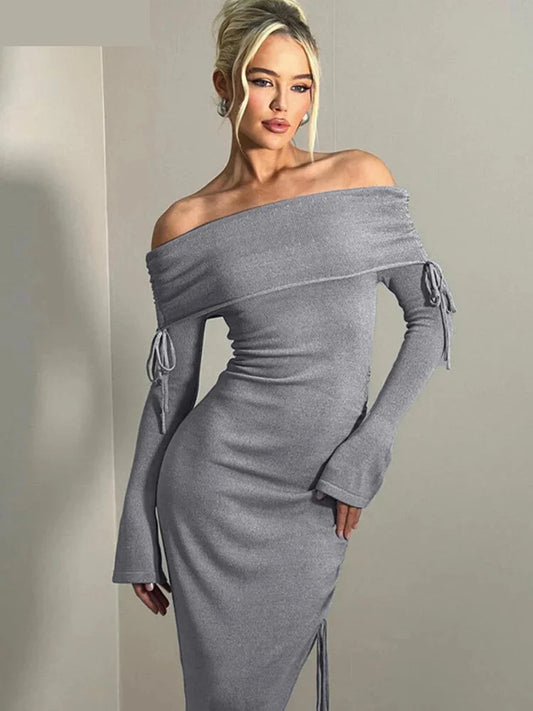 Cocktail Dresses- Long Sleeve High-Low Ruched Cocktail Dress for Wedding Guests- Gray- Chuzko Women Clothing