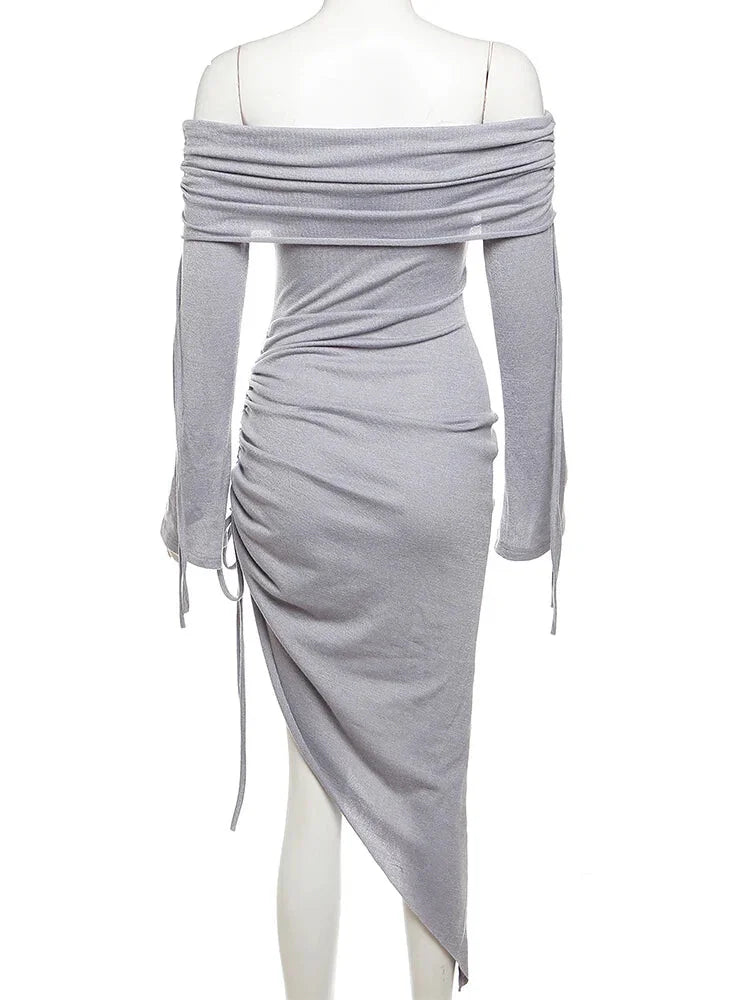 Cocktail Dresses- Long Sleeve High-Low Ruched Cocktail Dress for Wedding Guests- - Chuzko Women Clothing