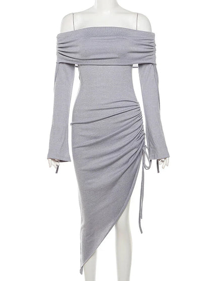 Cocktail Dresses- Long Sleeve High-Low Ruched Cocktail Dress for Wedding Guests- - Chuzko Women Clothing