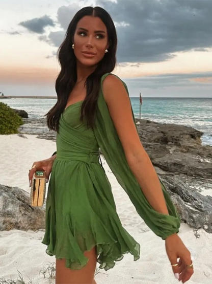 Cocktail Dresses- Mini Dress with Dramatic Sleeves for Wedding Guests & Parties- Deep green- Chuzko Women Clothing