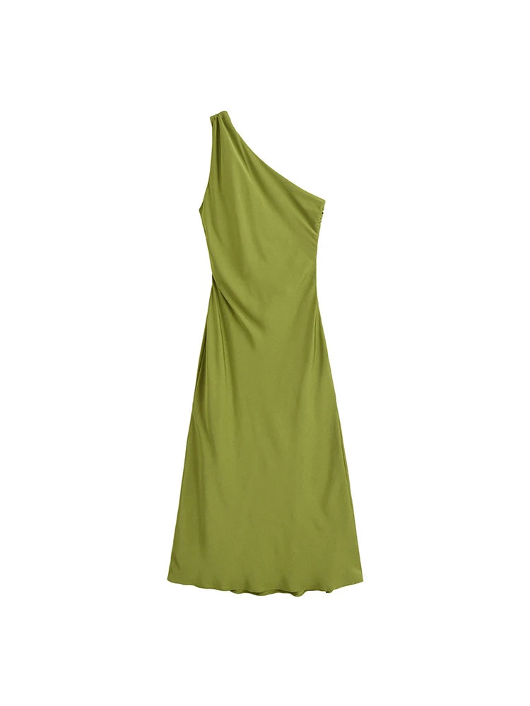 Cocktail Dresses- Satin Knot-Back One-Shoulder Cocktail Dress- Olive Green- Chuzko Women Clothing