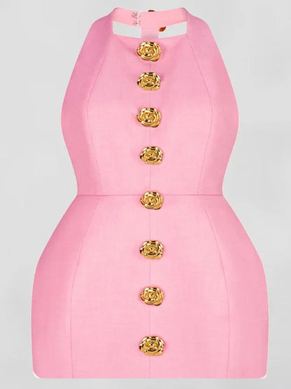 Elegantes rückenfreies Neckholder-Minikleid in A-Linie für Damen im Sommer mit ausgefallenen Knöpfen