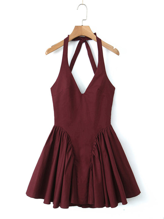 Cocktail Dresses- Women's Halter Mini Dress with Drop-Waist Fit & Flare Design- Wine Red- Chuzko Women Clothing