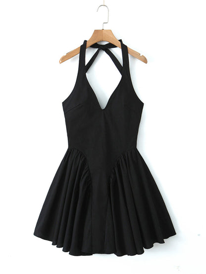 Cocktail Dresses- Women's Halter Mini Dress with Drop-Waist Fit & Flare Design- Black- Chuzko Women Clothing