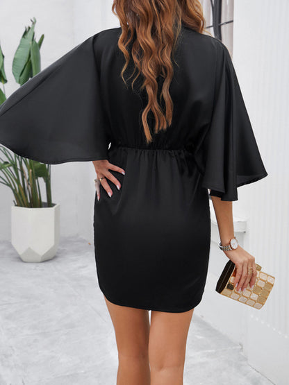Cocktail Dresses- Women's Satin Batwing Sleeve Knot Dress for Cocktail Parties- - Chuzko Women Clothing