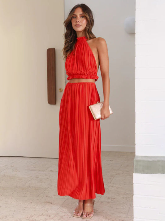 Cocktail Outfits- Plisse Maxi Skirt & Backless Halter Crop Top Outfit for Cocktails- Red- Chuzko Women Clothing