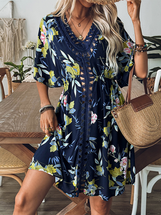 Cover-Up Dresses- Floral Kimono Sleeve Beach Cover-Up Dress- Champlain color- Chuzko Women Clothing