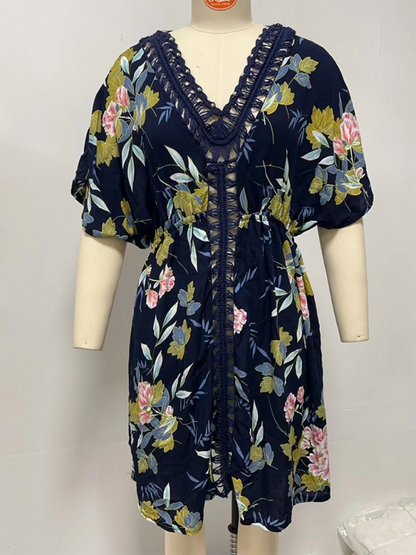 Cover-Up Dresses- Floral Kimono Sleeve Beach Cover-Up Dress- - Chuzko Women Clothing