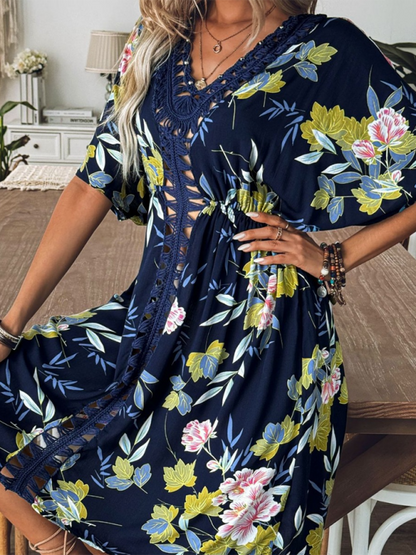 Cover-Up Dresses- Floral Kimono Sleeve Beach Cover-Up Dress- - Chuzko Women Clothing