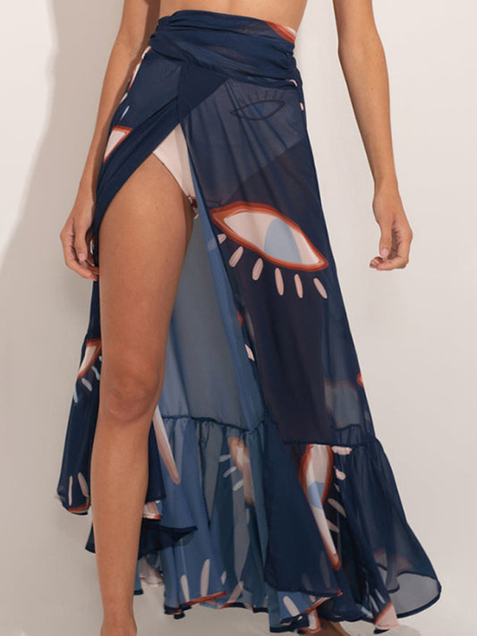 Cover-Ups- Blue Oasis Eye Print Maxi Skirt Cover-Up for Poolside Lounging- Purplish blue navy- Chuzko Women Clothing