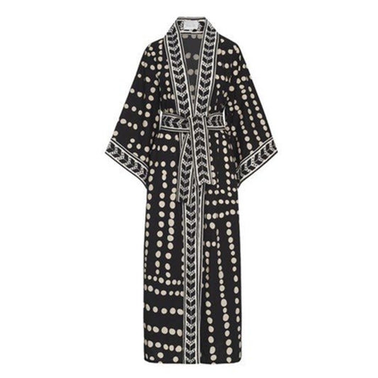 Cover-Ups- Summer Vacay Kimono Robe Cover-Up with Belt- Black- Chuzko Women Clothing