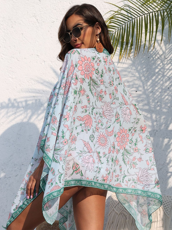 Cover Ups- Tropical Women's Floral Beach Shawl Cover Up- Green- Chuzko Women Clothing