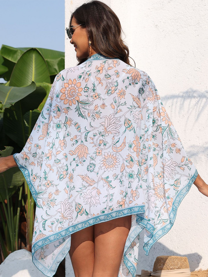 Cover Ups- Tropical Women's Floral Beach Shawl Cover Up- Peacock blue- Chuzko Women Clothing