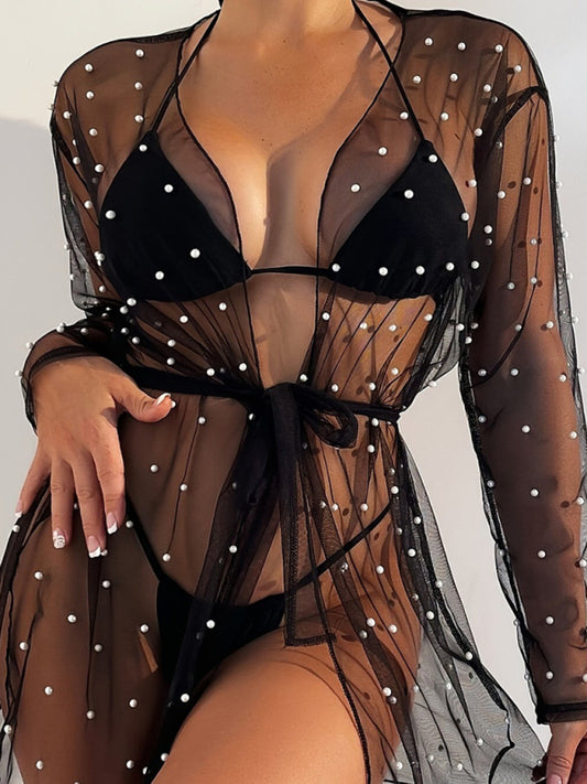 Women's See-Through Polka Dot Mesh Belted Top Cover-Up