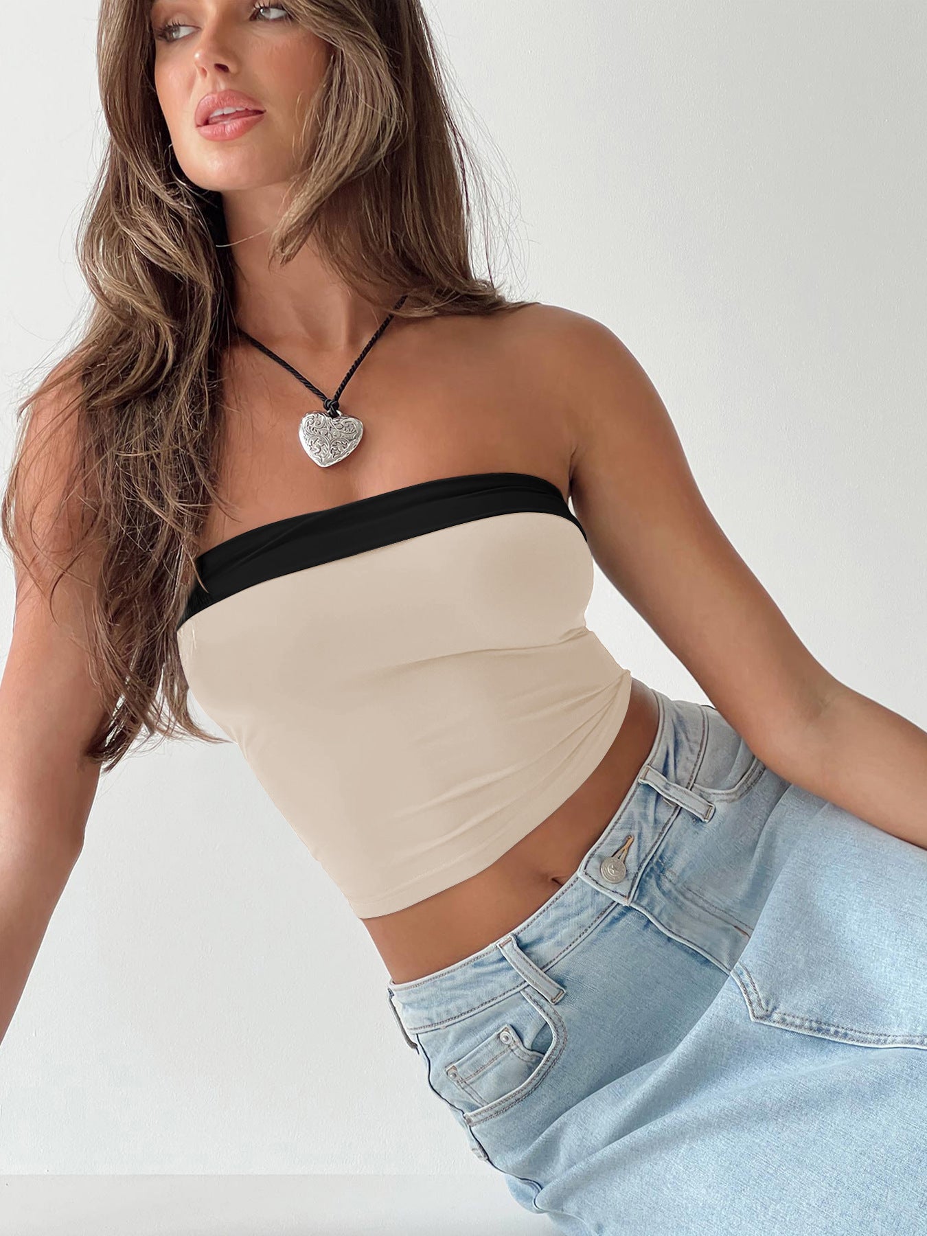 Crop Tops- Contrast Women's Strapless Tube Crop Top with Trim Accents- Apricot- Chuzko Women Clothing