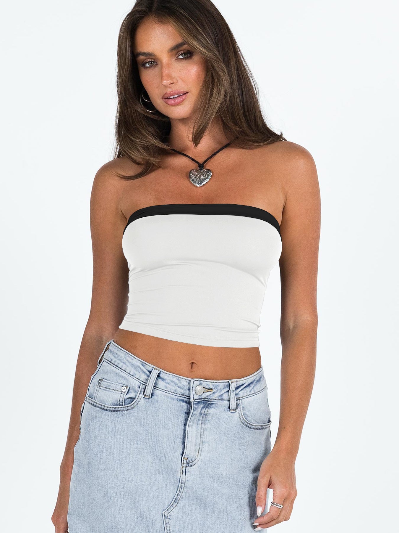 Crop Tops- Contrast Women's Strapless Tube Crop Top with Trim Accents- White- Chuzko Women Clothing