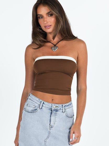 Crop Tops- Contrast Women's Strapless Tube Crop Top with Trim Accents- Brown- Chuzko Women Clothing