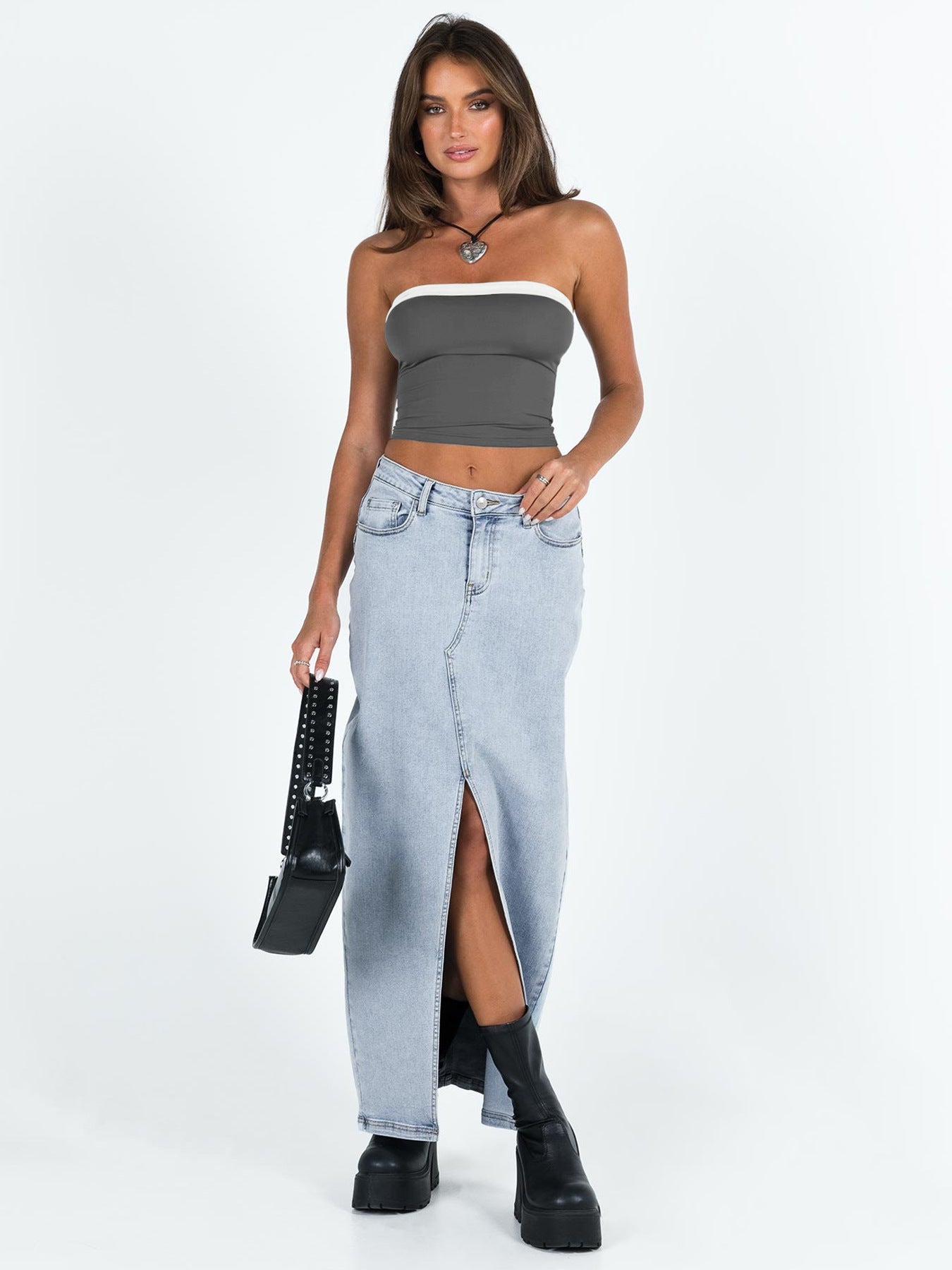 Crop Tops- Contrast Women's Strapless Tube Crop Top with Trim Accents- - Chuzko Women Clothing