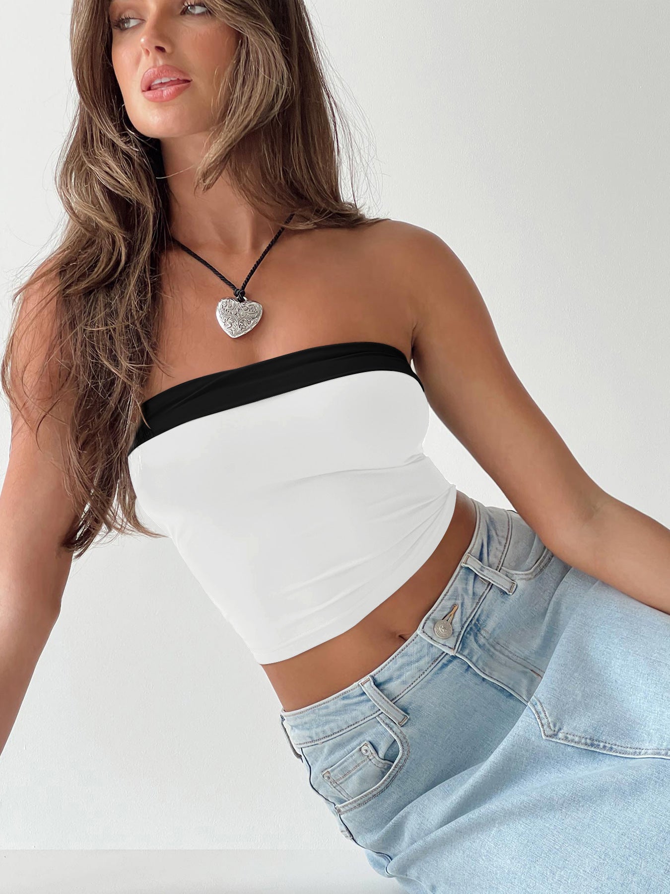 Crop Tops- Contrast Women's Strapless Tube Crop Top with Trim Accents- - Chuzko Women Clothing