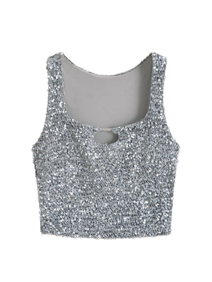 Crop Tops- Disco Sparkling Sequin Crop Top for Party Nights- - Chuzko Women Clothing
