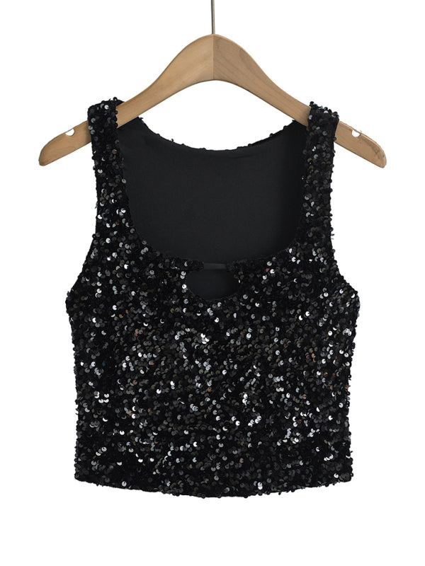 Crop Tops- Disco Sparkling Sequin Crop Top for Party Nights- Black- Chuzko Women Clothing