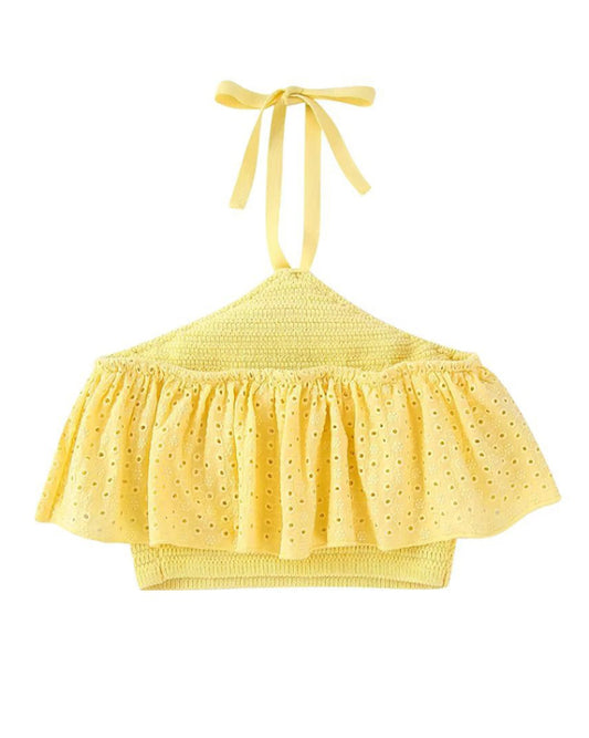Crop Tops- Romantic Halter Knitting Crop - Women's Embroidered Eyelet Top- Yellow- Chuzko Women Clothing