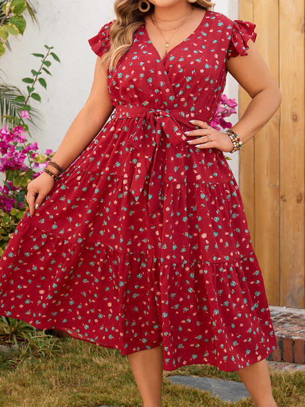 Curvy Dresses- A-Line Belted Curvy Midi Dress for Summer Festivals- Red- Chuzko Women Clothing