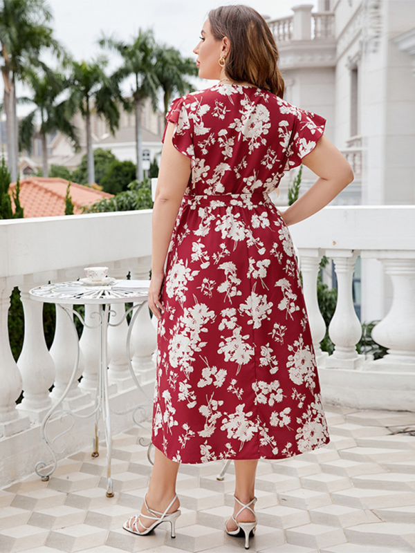 Curvy Dresses- Curvy Cinched Floral Midi Dress with Cinched Waist- - Chuzko Women Clothing