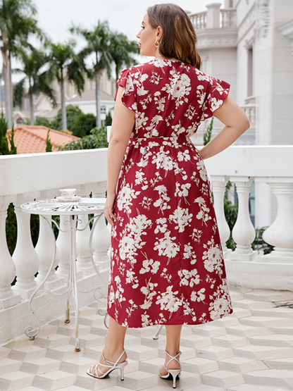 Curvy Dresses- Curvy Cinched Floral Midi Dress with Cinched Waist- - Chuzko Women Clothing