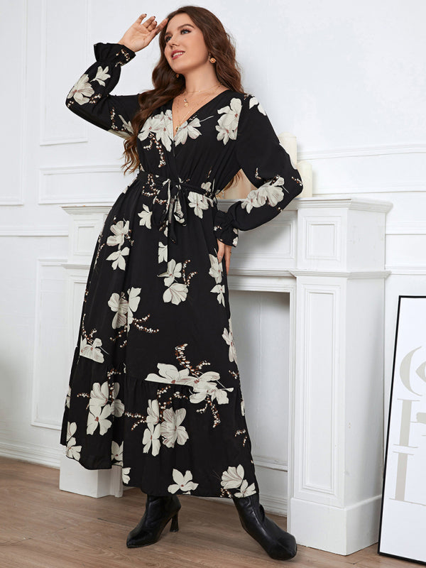 Curvy Dresses- Fall Florals A-Line Belted Maxi Dress with Curvy Fit- - Chuzko Women Clothing