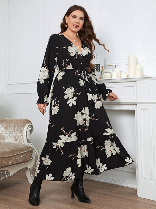 Curvy Dresses- Fall Florals A-Line Belted Maxi Dress with Curvy Fit- Black- Chuzko Women Clothing