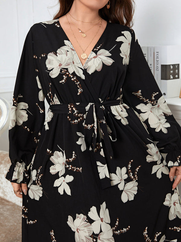 Curvy Dresses- Fall Florals A-Line Belted Maxi Dress with Curvy Fit- - Chuzko Women Clothing