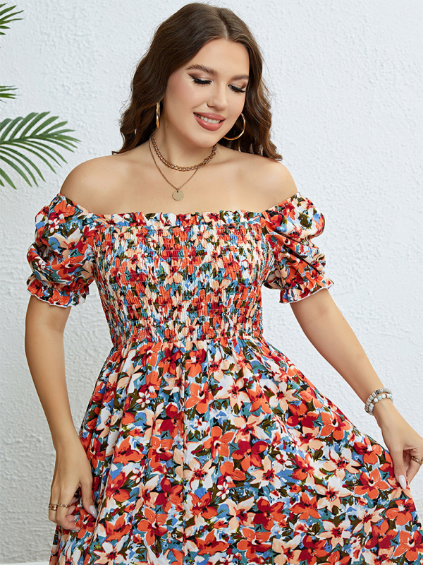 Curvy Dresses- Floral Plus Size A-Line Dress with Smocked Bodice- - Chuzko Women Clothing