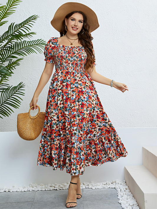 Curvy Dresses- Floral Plus Size A-Line Dress with Smocked Bodice- Orange Red- Chuzko Women Clothing