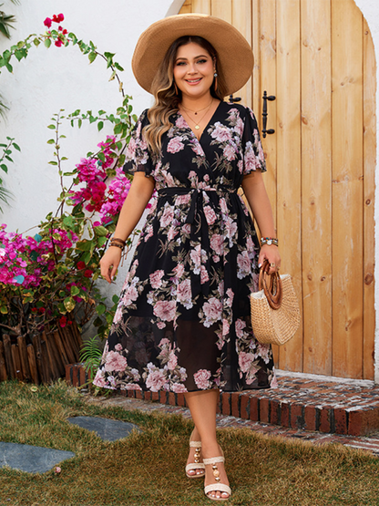 Curvy Dresses- Floral Plus Size Midi Dress with Cinched Waist- - Chuzko Women Clothing