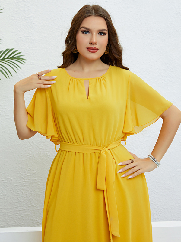 Curvy Dresses- Golden Hour Glow Asymmetrical Midi Dress for Special Occasions- - Chuzko Women Clothing