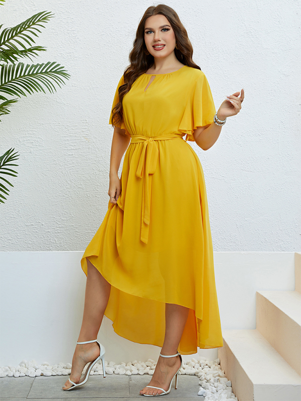 Curvy Dresses- Golden Hour Glow Asymmetrical Midi Dress for Special Occasions- - Chuzko Women Clothing