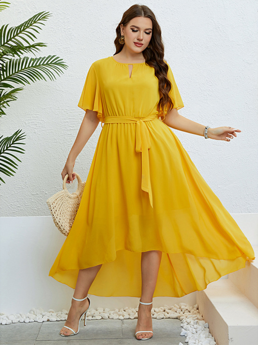 Curvy Dresses- Golden Hour Glow Asymmetrical Midi Dress for Special Occasions- Yellow- Chuzko Women Clothing