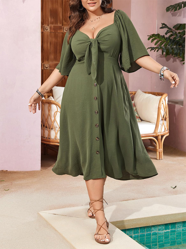 Curvy Dresses- Plus Size A-Line Dress with Button-Up Front and Bow- - Chuzko Women Clothing