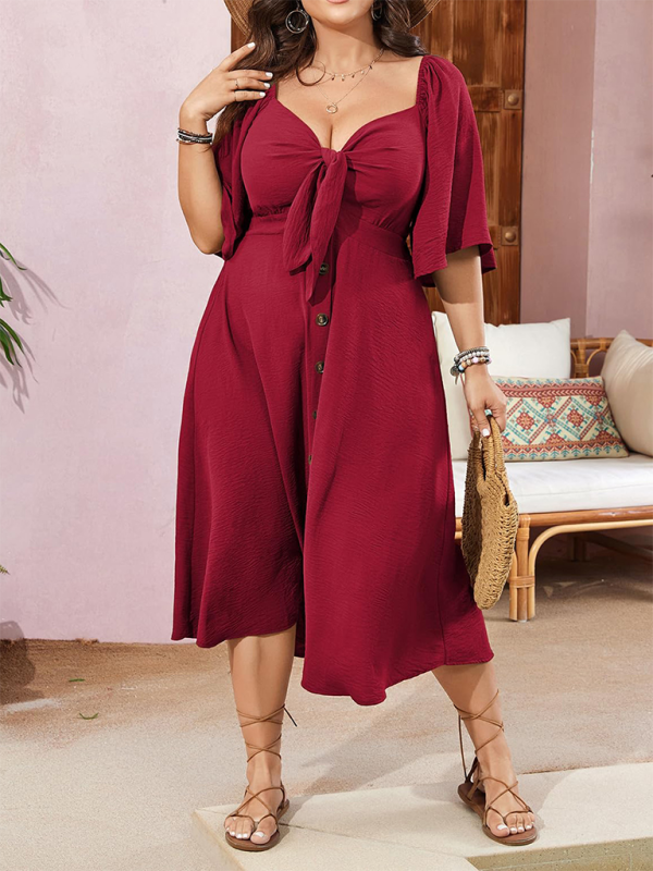 Curvy Dresses- Plus Size A-Line Dress with Button-Up Front and Bow- - Chuzko Women Clothing