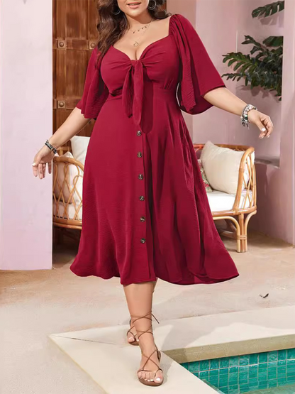 Curvy Dresses- Plus Size A-Line Dress with Button-Up Front and Bow- Red- Chuzko Women Clothing