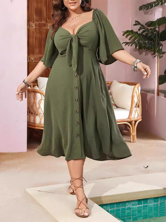 Curvy Dresses- Plus Size A-Line Dress with Button-Up Front and Bow- Green- Chuzko Women Clothing