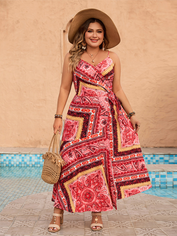 Curvy Dresses- Red Paisley Curvy Maxi Dress for Summer Events- - Chuzko Women Clothing